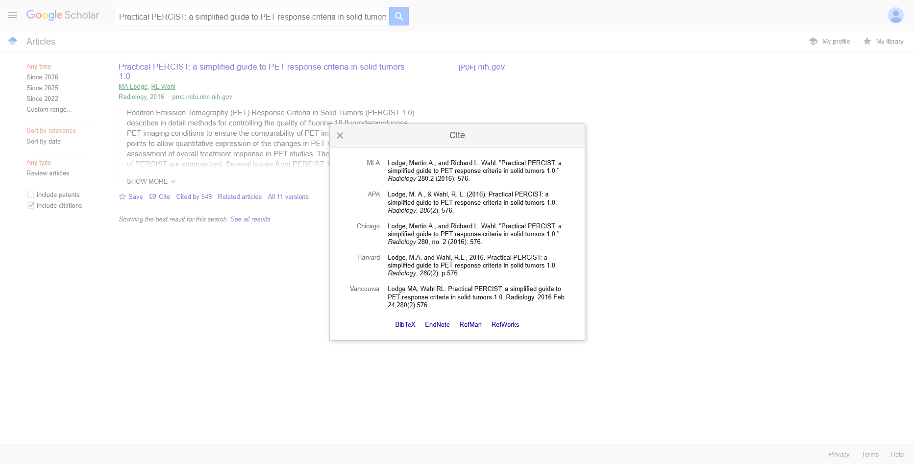 Google Scholar Cite modal showing all five citation styles omitting Joo Hyun O