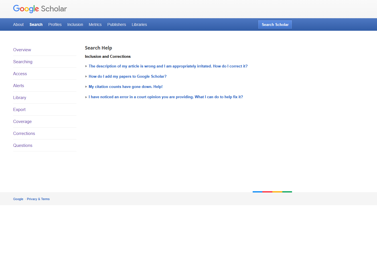 The broken Google Scholar help page Google directed me to