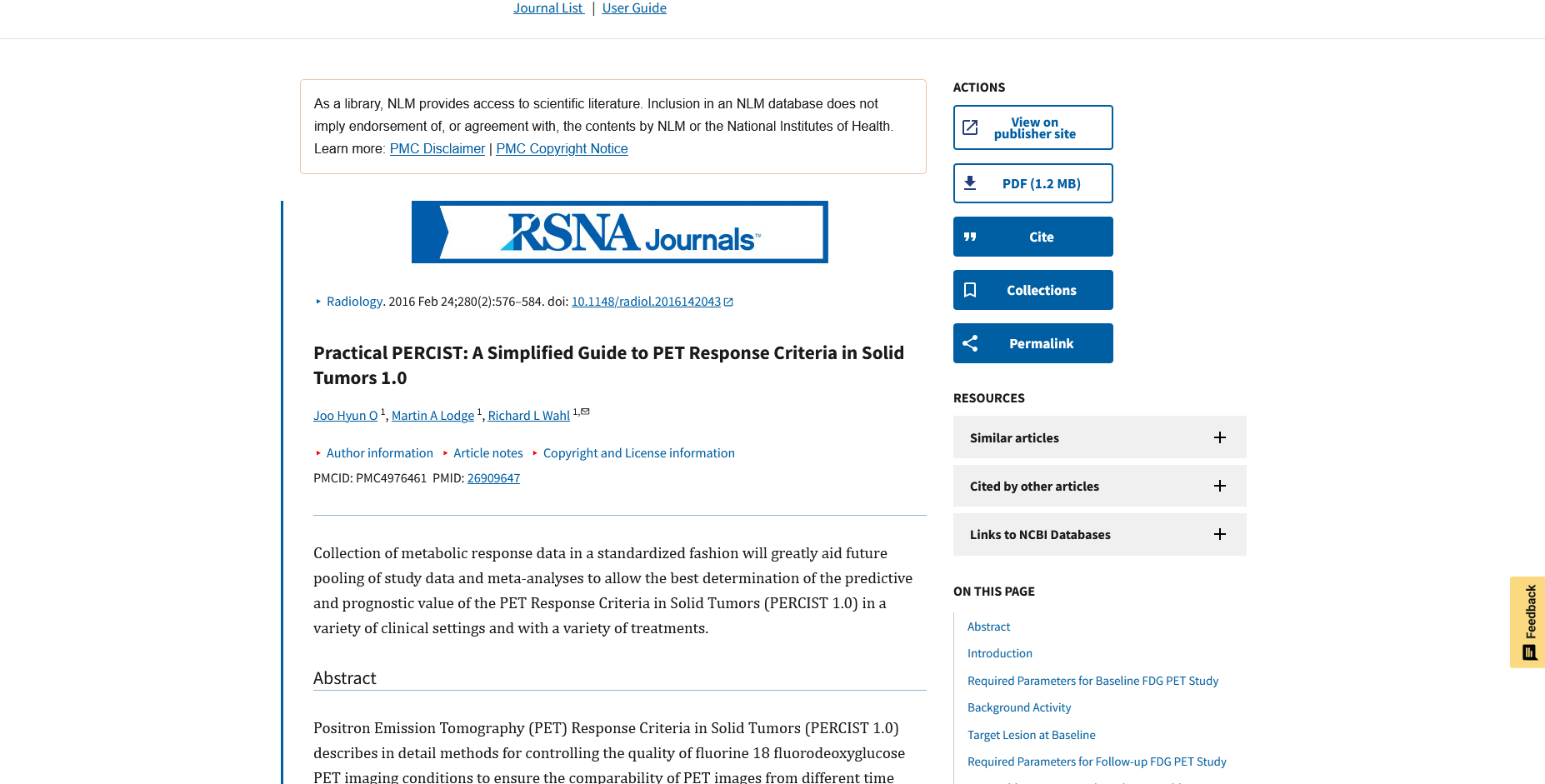 Radiology Journal page for Practical PERCIST listing Joo Hyun O as first author