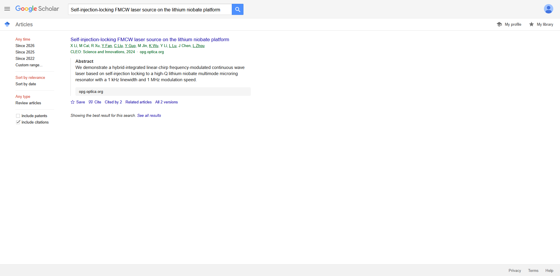 Google Scholar search result for the paper, with Siyu E removed from the author list