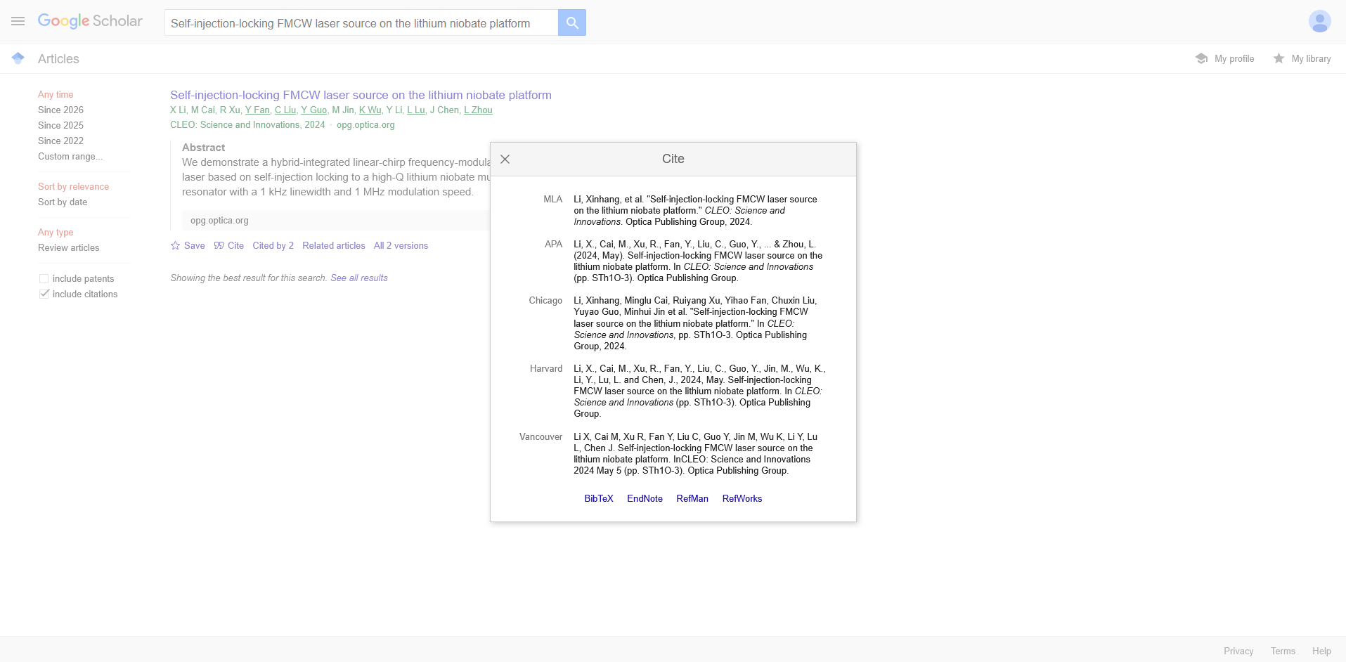 Google Scholar Cite modal showing all five citation styles omitting Siyu E