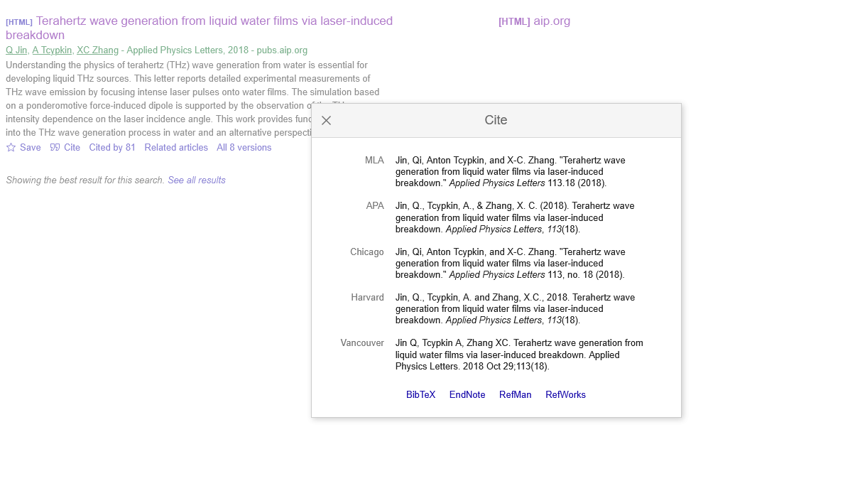 Google Scholar Cite modal showing all five citation styles missing Yiwen E